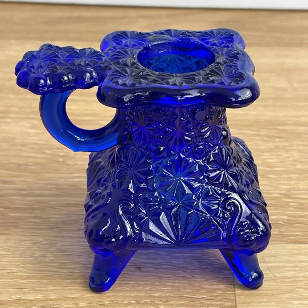 Vintage Cobalt Blue Daisy and Button Glass Candle Holder Pair Finger Loop 3in